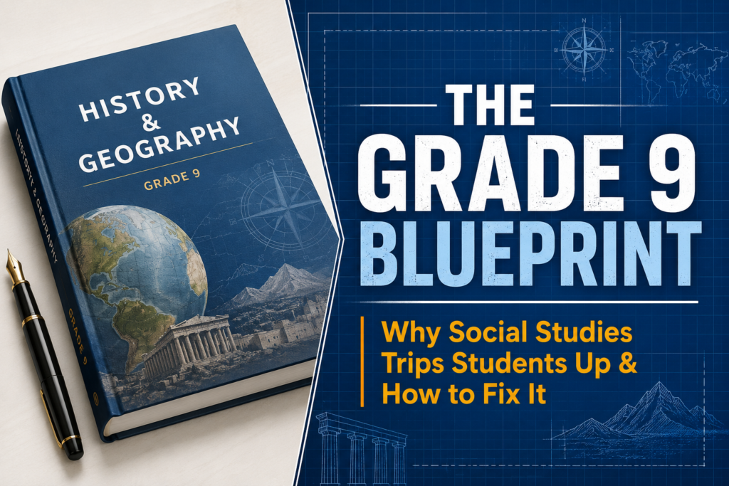 Grade 9 social studies blueprint guide cover art highlighting student coaching frameworks for history and geography.