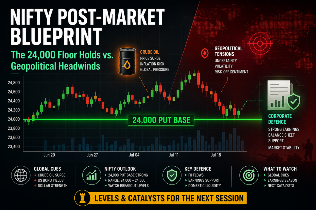 Daily Nifty analysis infographic displaying market chart trends, defensive sector rotation metrics, and technical support levels at the 24,000 baseline.