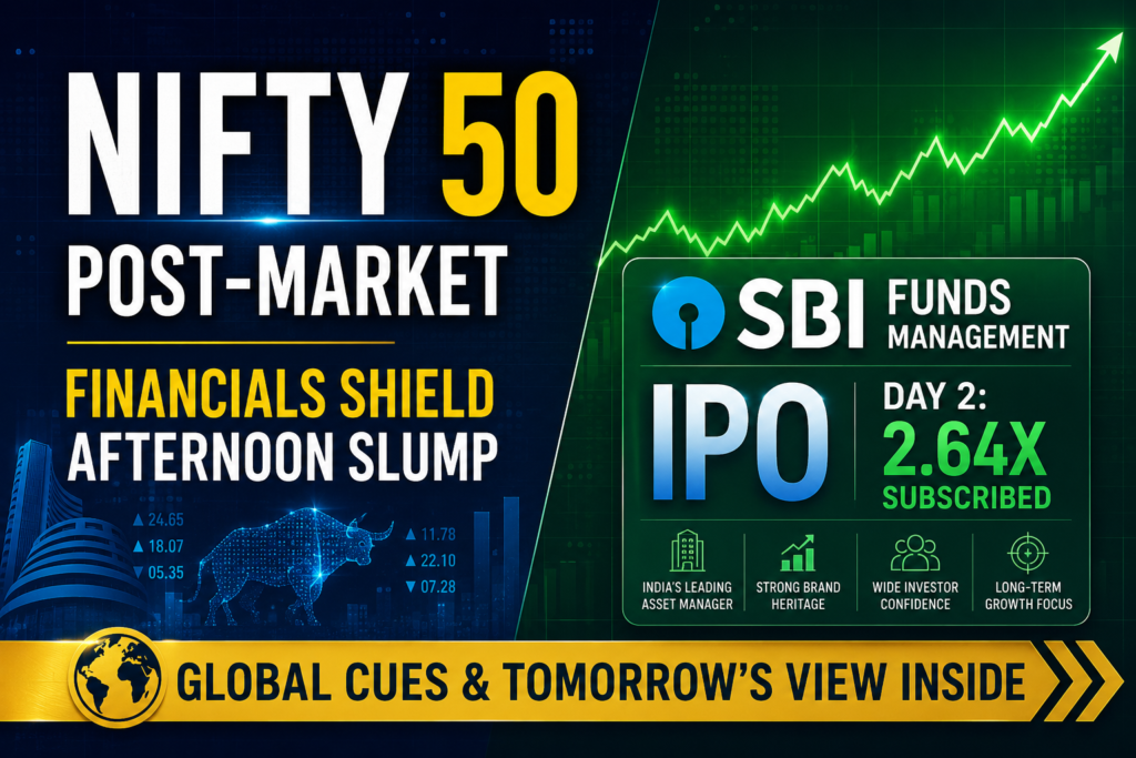 Daily Nifty analysis today showing an emerald green line chart rebounding from the afternoon profit booking drop, paired with an institutional data card highlighting the SBI Funds Management IPO Day 2 subscription details.