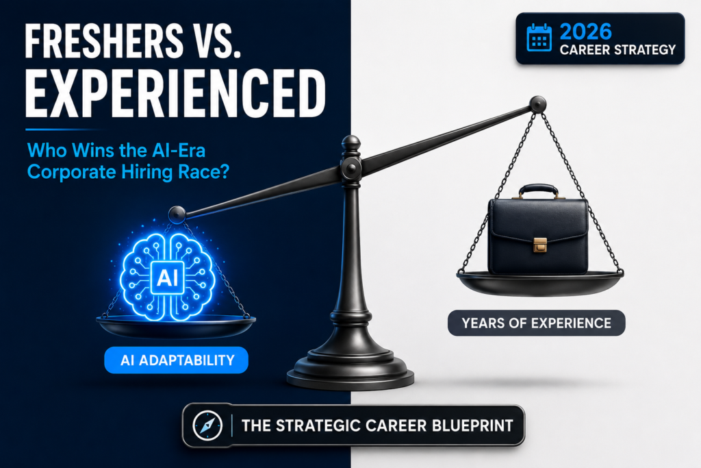 An editorial tech career infographic showcasing a balance scale tipping in favor of AI adaptability over traditional years of experience, set against a split navy and white background.
