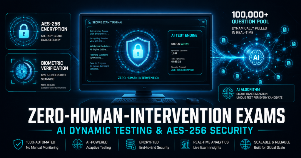 Conceptual digital graphic showing a secure AI-driven computer terminal with biometric scanning and zero-human-intervention examination workflows.