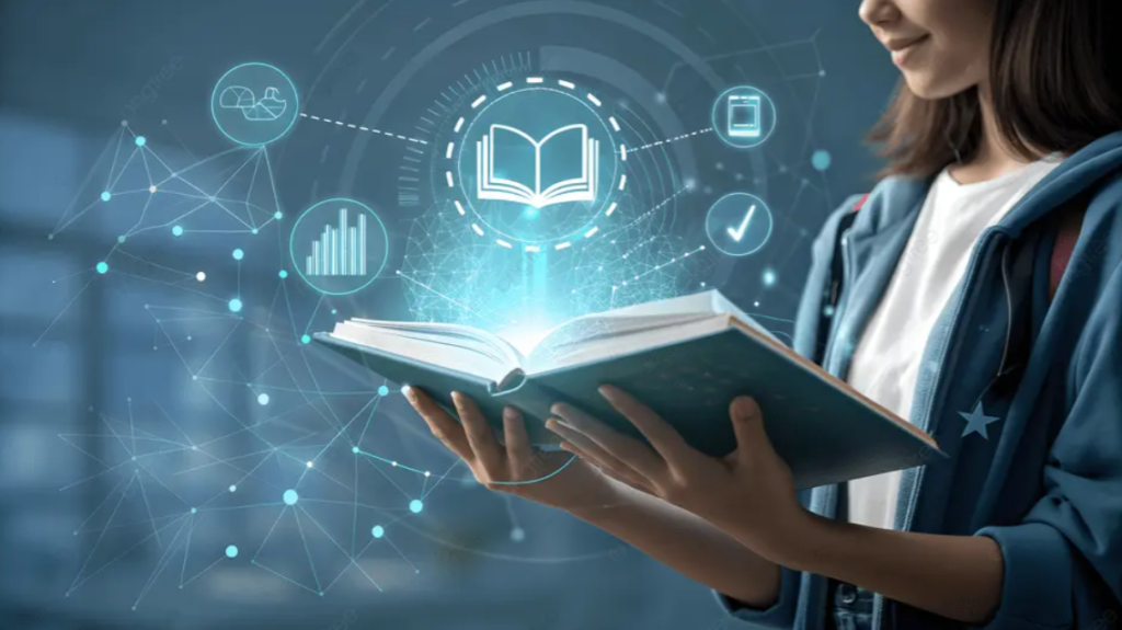 Student holding an open textbook with glowing digital educational icons representing modern hybrid learning .