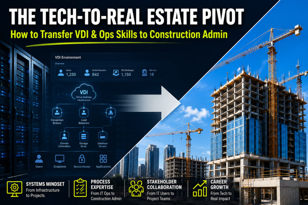 Tech to construction admin career pivot guide visual showing VDI server infrastructure blending into a modern commercial real estate development site.