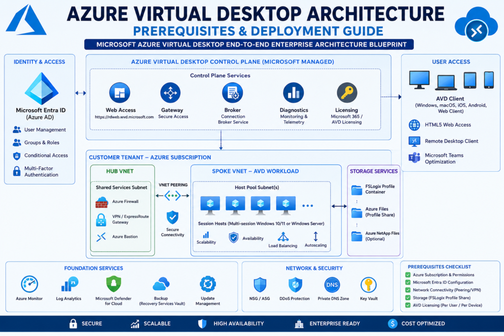 Azure Virtual Desktop architecture diagram displaying Microsoft Entra ID integration, control plane services, virtual network peering, session hosts, and storage components.