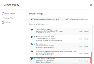 Citrix Studio Policy Creation Management Interface showing template default settings and user configuration rules.