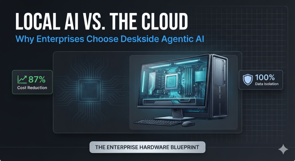An enterprise technology blueprint infographic showcasing a high-performance desktop workstation, highlighting local NPU processing architecture and data privacy metrics vs cloud APIs.
