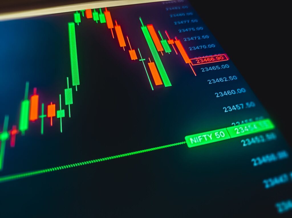 Stock market financial chart display showing Nifty 50 bullish candlestick movement.
