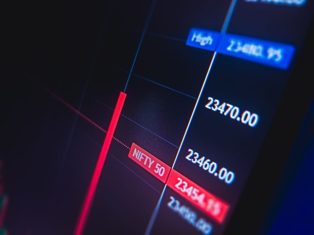 Stock market financial chart display showing Nifty 50 bullish trend above 24,300 with primary market IPO metrics.