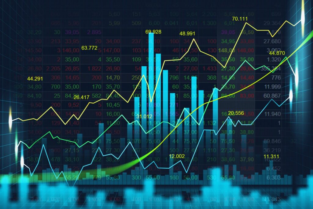 Stock market financial chart showing Nifty 50 technical trend lines and trading volume spikes.
