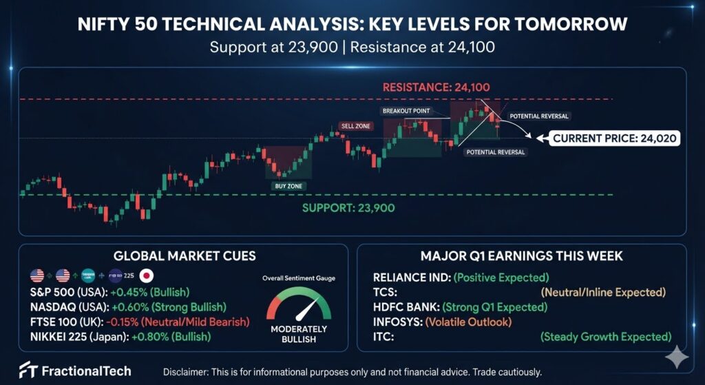 Nifty 50 technical analysis chart showing tomorrow key levels support resistance and global cues FractionalTech