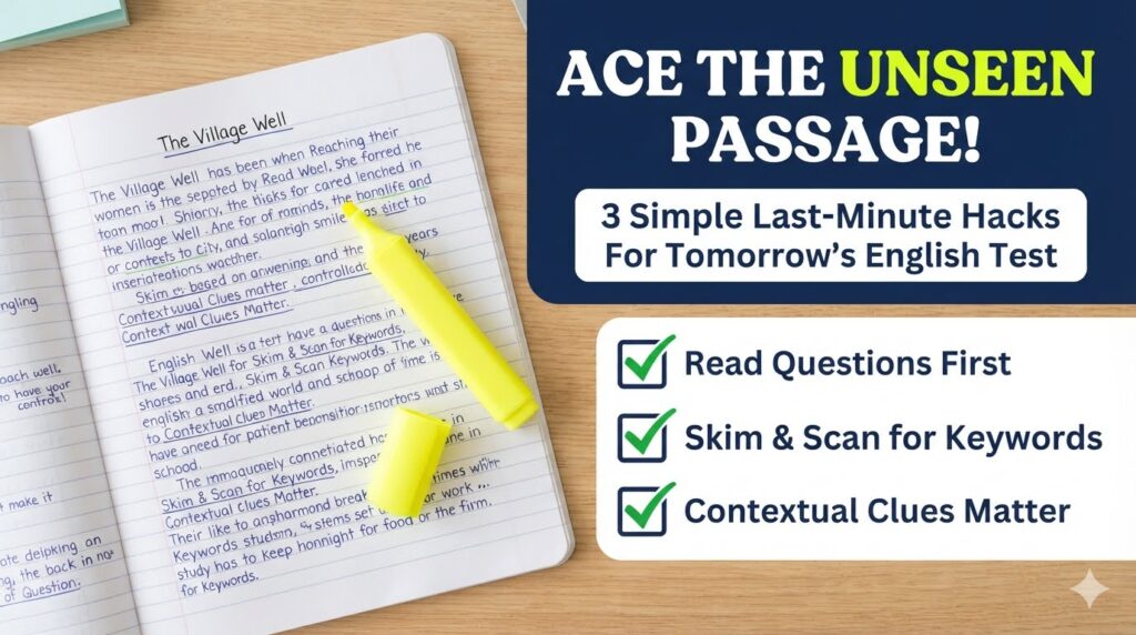 English exam unseen passages tips infographic showing a highlighted reading comprehension text block with a checklist for primary school students.