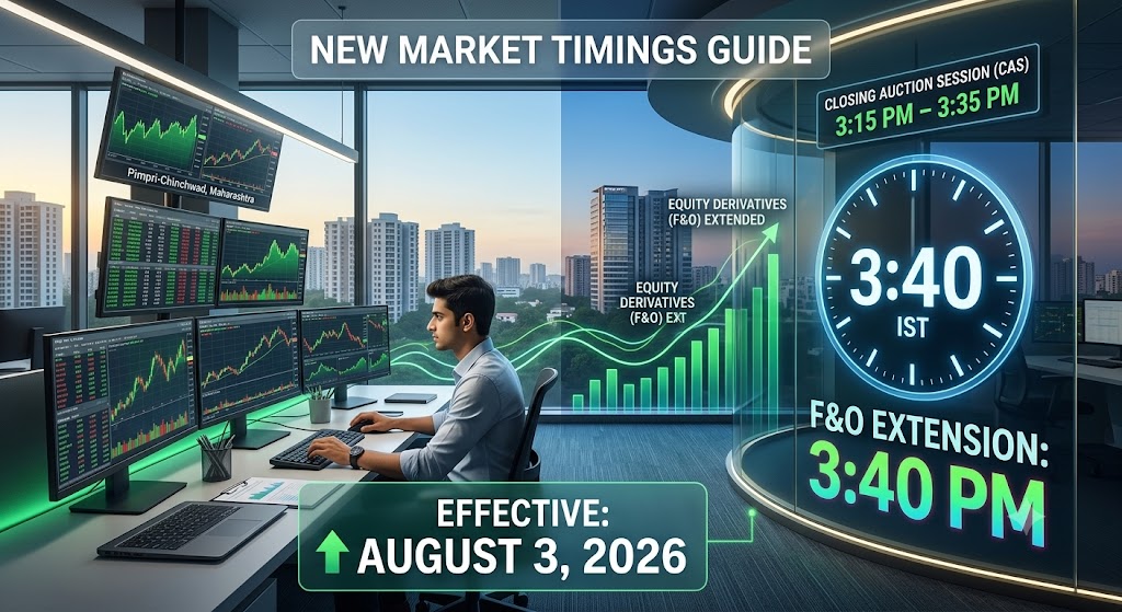 Featured image with text overlays detailing new NSE BSE market timings: F&O extension 3:40 PM, Closing Auction Session 3:15 PM β 3:35 PM, and effective date August 3, 2026.
