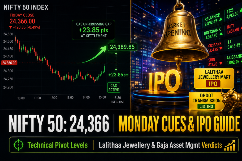 Nifty 50 technical candlestick chart showing 24,366.00 closing level, CAS un-crossing gap, and upcoming IPO pipeline guidance for August 17, 2026.