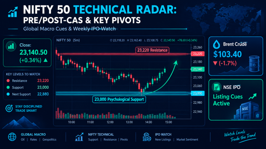 Technical candlestick chart of Nifty 50 bouncing off the 23,000 support level with Pre and Post CAS closing pivots and IPO radar.