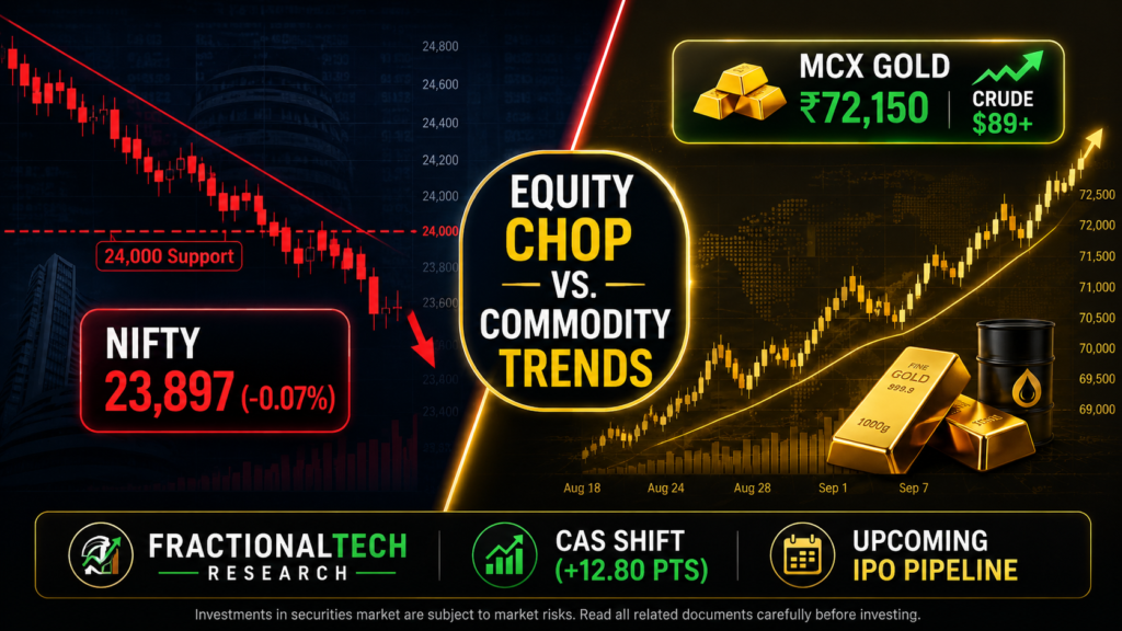 Stock and commodity trading dashboard comparing Nifty 50 23,897 breakdown against MCX Gold technical charts and IPO pipeline data.