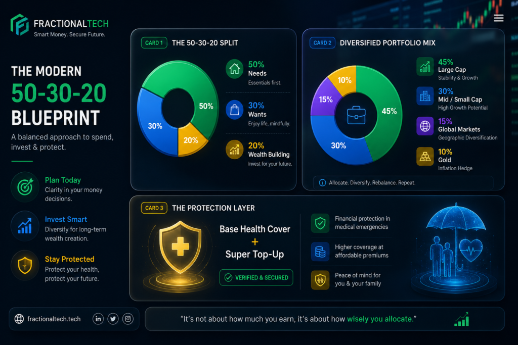 Personal finance dashboard illustrating early compounding growth, 50-30-20 portfolio diversification, and health insurance planning for Gen Z.