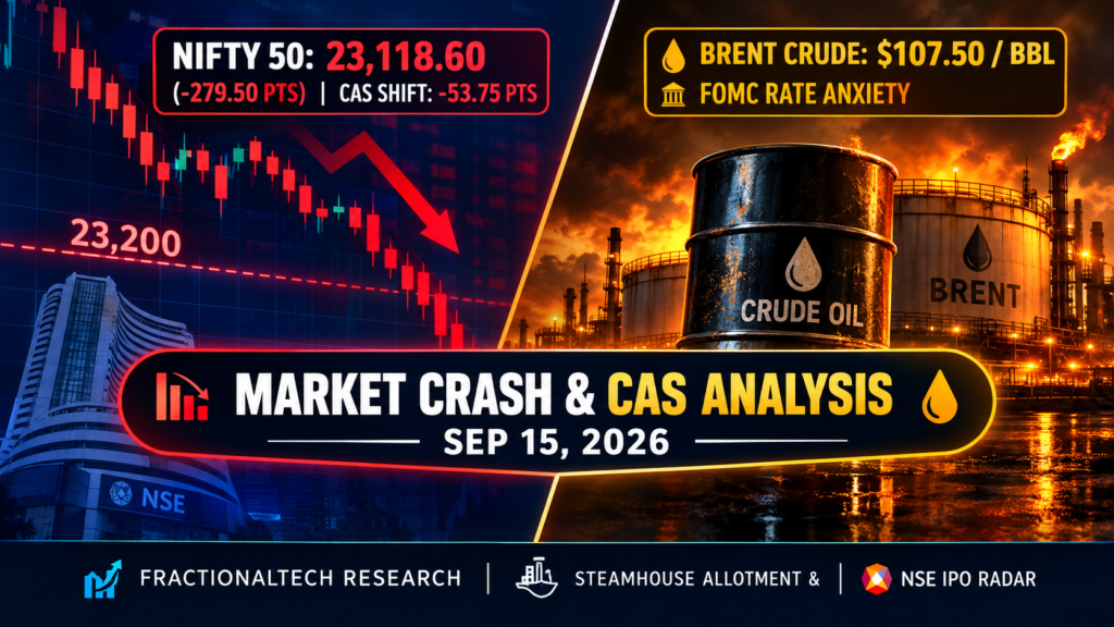 Nifty 50 analysis chart showing Tuesday crash to 23,118 with CAS uncrossing shift and crude oil price spike.