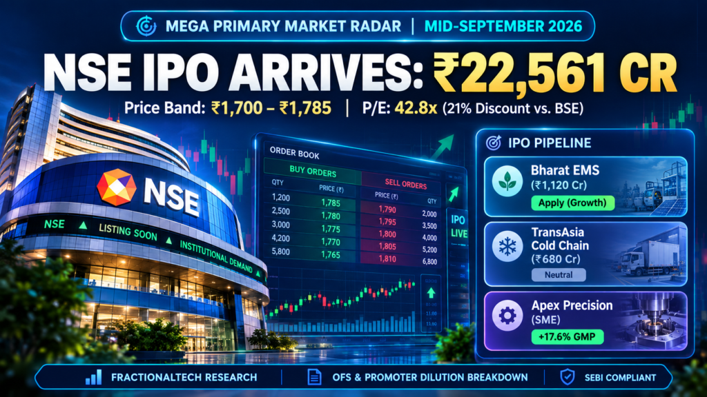 Stock exchange trading floor monitors displaying real-time financial charts, NSE IPO price band, and primary market pipeline data.