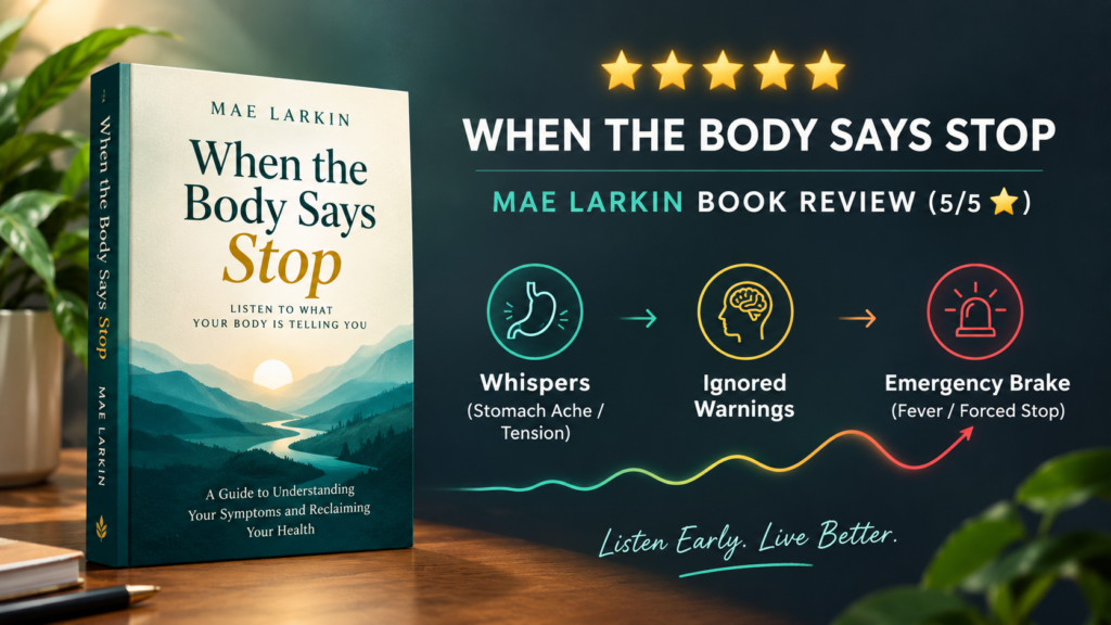 Visual Idea Background Theme: Warm editorial aesthetic blending deep slate charcoal (#1E293B) with soothing emerald teal (#0D9488). Left Graphic: Clean 3D book mockup displaying the cover of When the Body Says Stop by Mae Larkin, highlighted by five glowing gold stars (⭐⭐⭐⭐⭐). Right Graphic: A minimalist infographic showing an ascending signal wave: Whispers (Stomach Ache / Tension) ──▶ Ignored Warnings ──▶ Emergency Brake (Fever / Forced Stop). Headline Text: "WHEN THE BODY SAYS STOP | MAE LARKIN BOOK REVIEW (5/5 ⭐)"