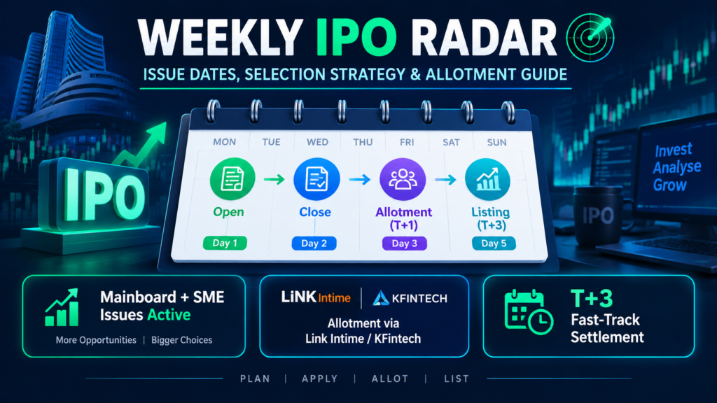 IPO calendar infographic showing open and close dates, issue timeline, and allotment verification steps for Indian public offerings.