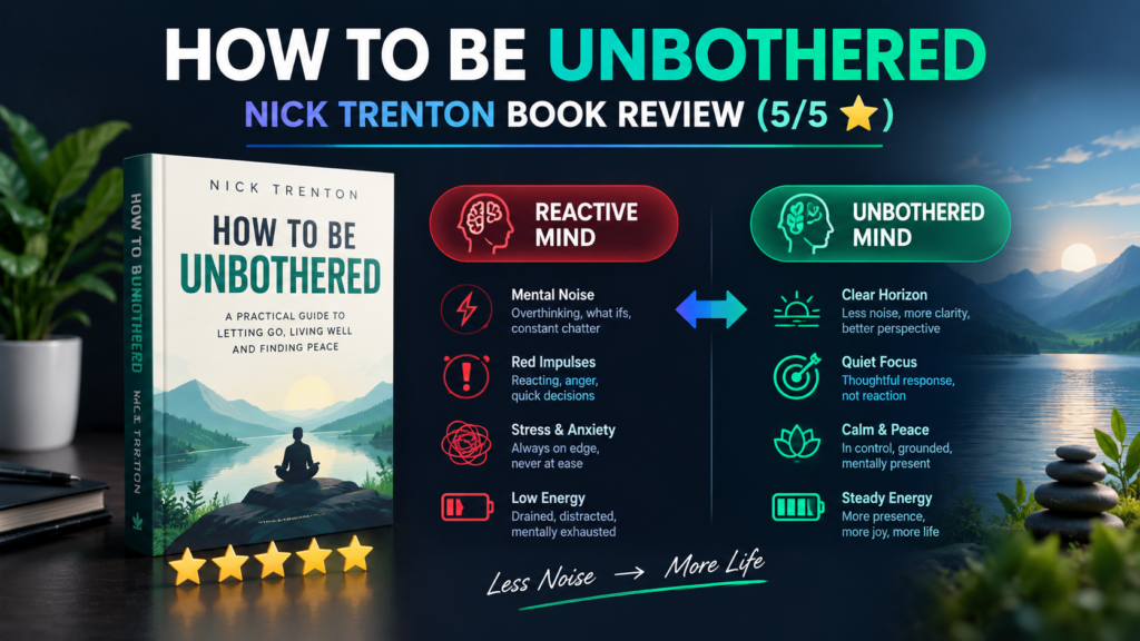 Book cover of How to Be Unbothered by Nick Trenton alongside a 5-star rating badge and mental calm infographic.