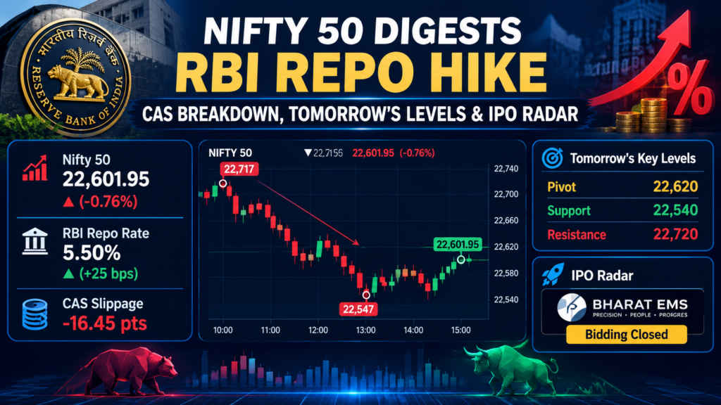 Nifty 50 technical chart showing reaction to RBI rate hike, closing at 22,601 with support levels and IPO calendar.
