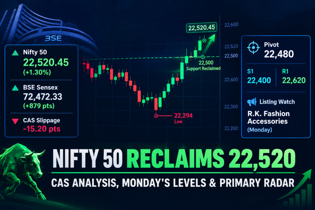 Nifty 50 daily candlestick chart illustrating the rebound to 22520, closing auction mechanics, Monday pivot levels, and weekly IPO radar.