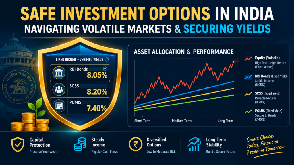 Infographic detailing safe investment options in India including RBI floating rate bonds, post office savings schemes, and arbitrage funds.