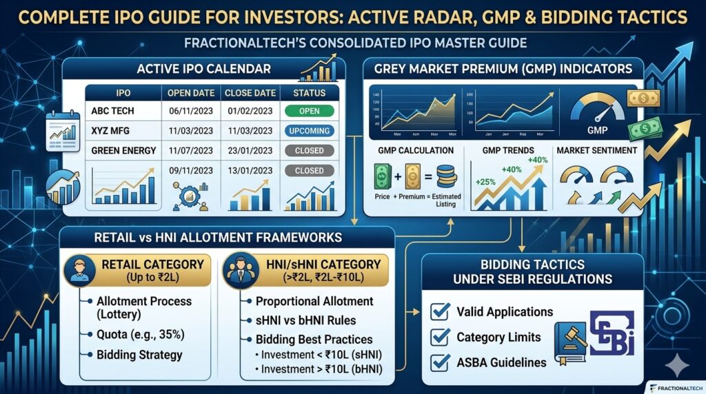 Infographic displaying active IPO calendar, Grey Market Premium indicators, and Retail vs HNI allocation frameworks.